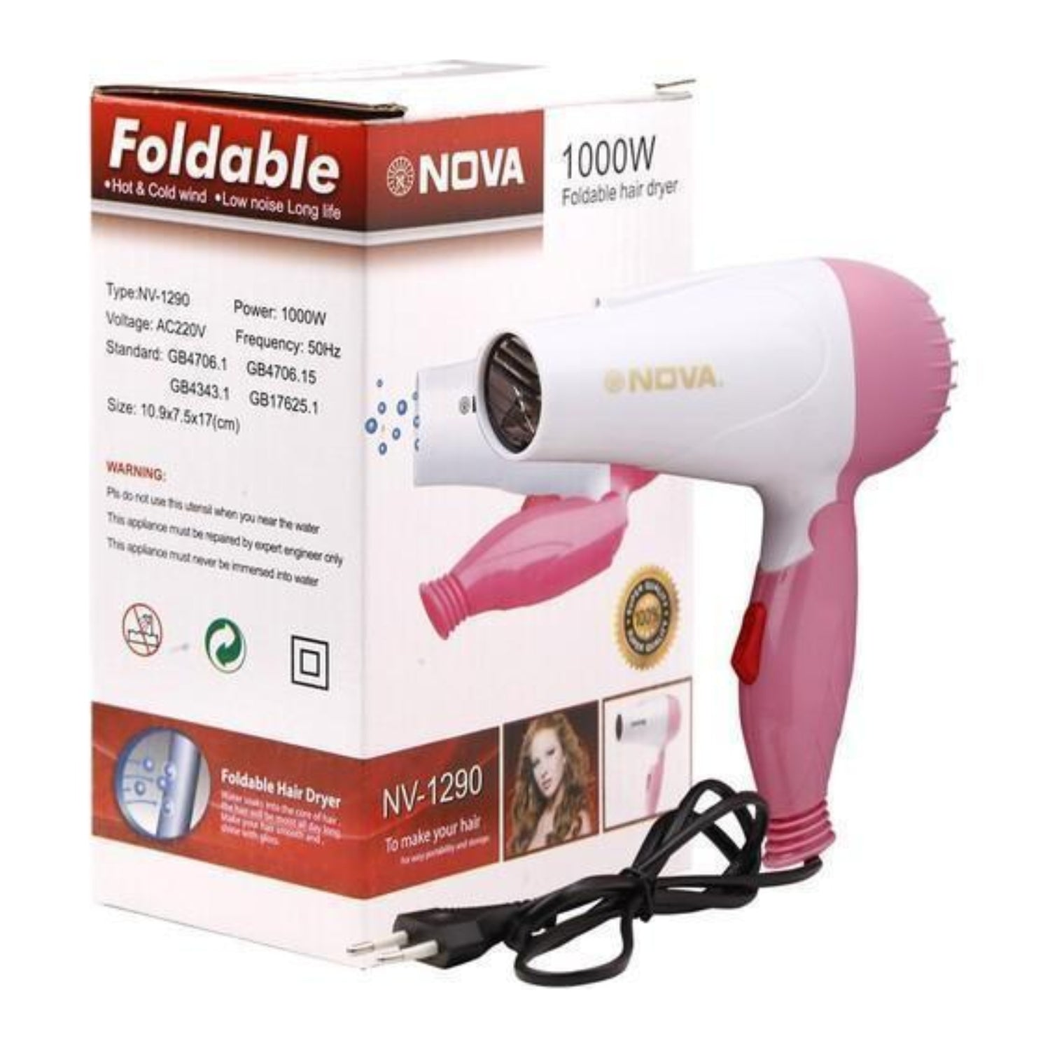 Nova NV-1290 Foldable Hair Dryer | 1000W Hot Air Styling & Quick Drying Machine - Livine Store