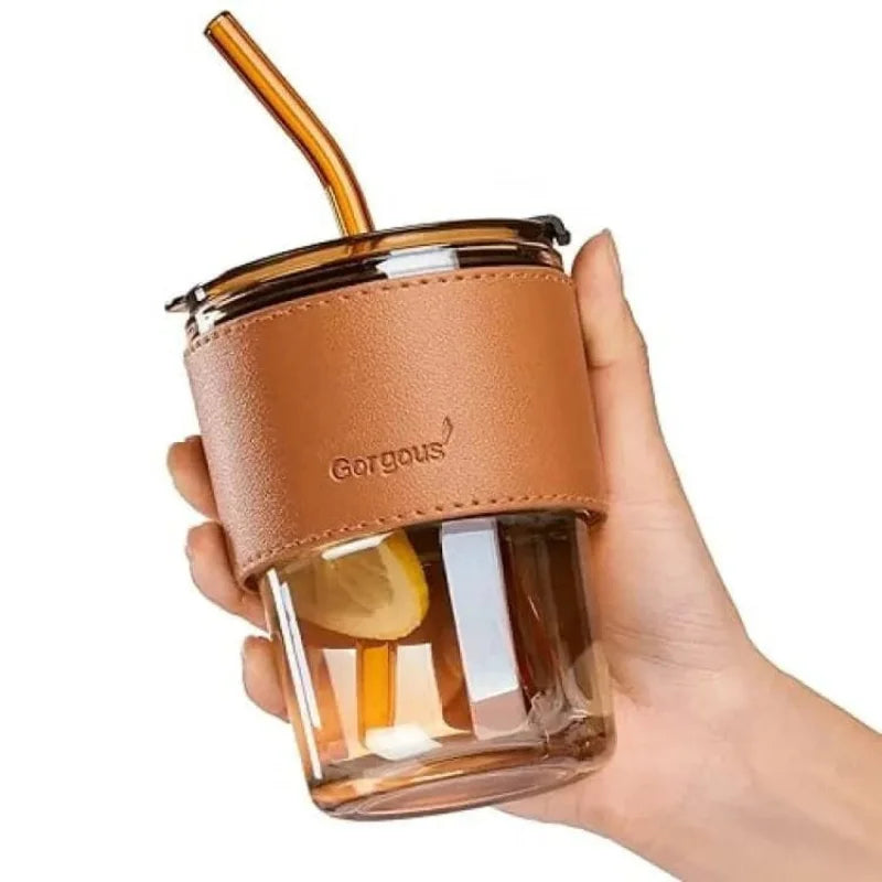 Bamboo Joint Glass Cup with Lid & Straw | 13oz Can-Shaped Tumbler with Leather Sleeve - Livine Store