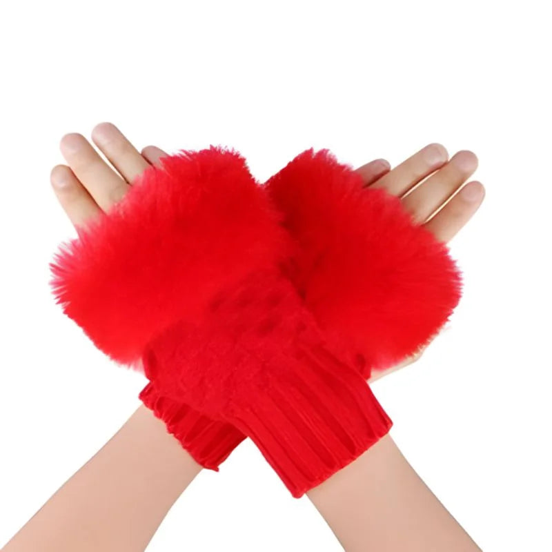 Women’s Faux Fur Fingerless Knitted Gloves | Warm Winter Hand Wrist Warmers | Soft, Stylish & Comfortable | Red - Livine Store