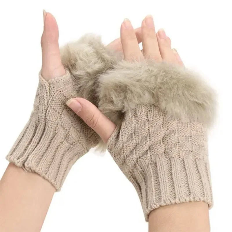 Women’s Faux Fur Fingerless Knitted Gloves | Warm Winter Hand Wrist Warmers | Soft, Stylish & Comfortable | Beige - Livine Store