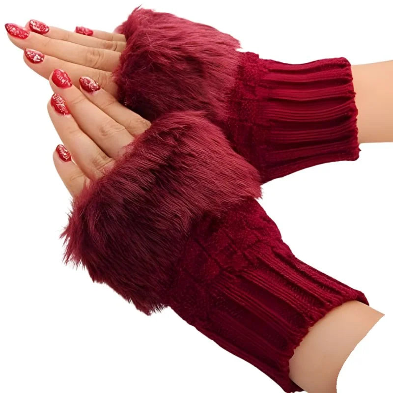 Women’s Faux Fur Fingerless Knitted Gloves | Warm Winter Hand Wrist Warmers | Soft, Stylish & Comfortable | Maroon - Livine Store