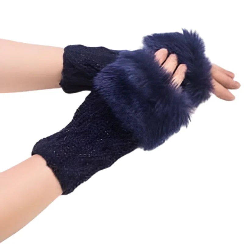 Women’s Faux Fur Fingerless Knitted Gloves | Warm Winter Hand Wrist Warmers | Soft, Stylish & Comfortable | Blue - Livine Store