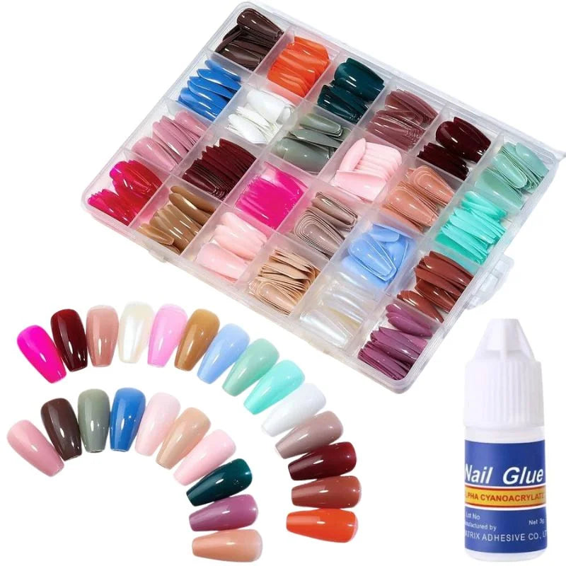 Multicolor Acrylic Artificial Nails Kit |  Full Cover Nails with Glue | 24 Shades | 576 Pcs - Livine Store