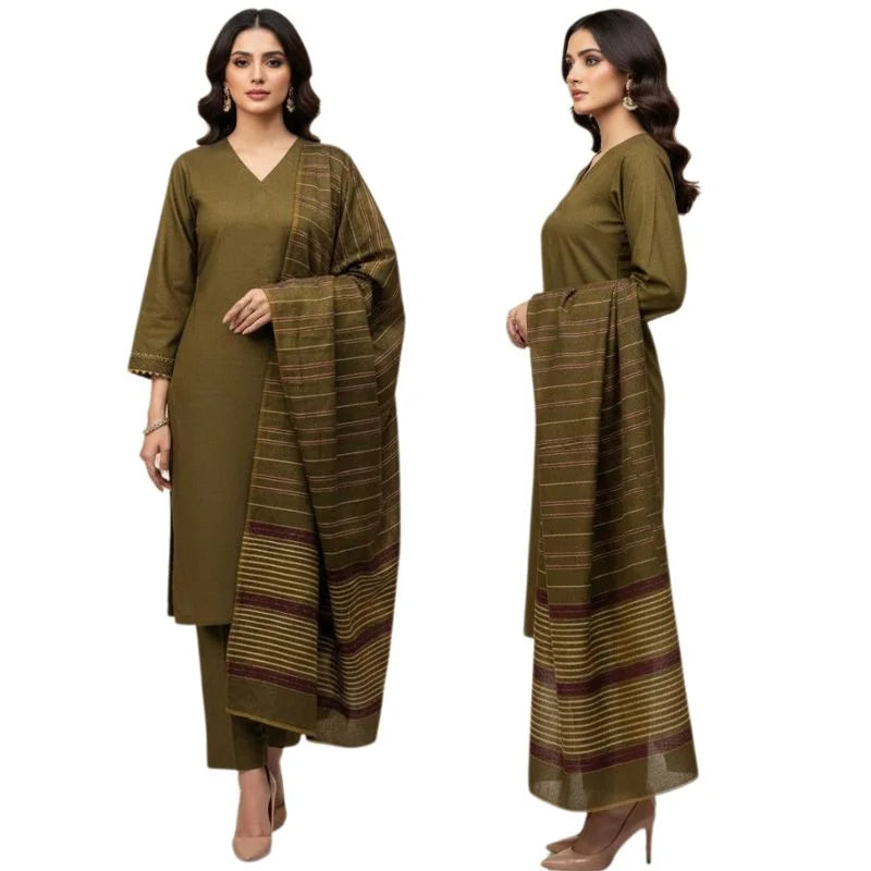 Winter Sussi Silk 3-Piece Suit for Women | Unstitched Plain Shirt & Trouser | Heavy Winter Sussi Shawl |  Olive Green - Livine Store