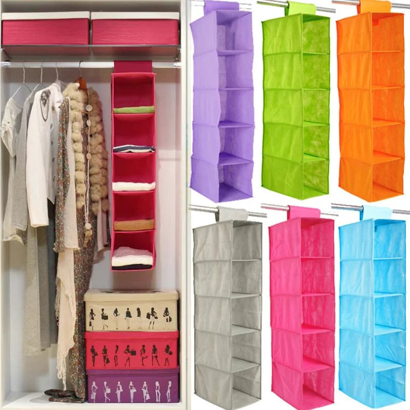 5 Shelf Clothes Hanging Organizer | Foldable Wardrobe Section Storage | Durable Fabric & Plastic - Livine Store