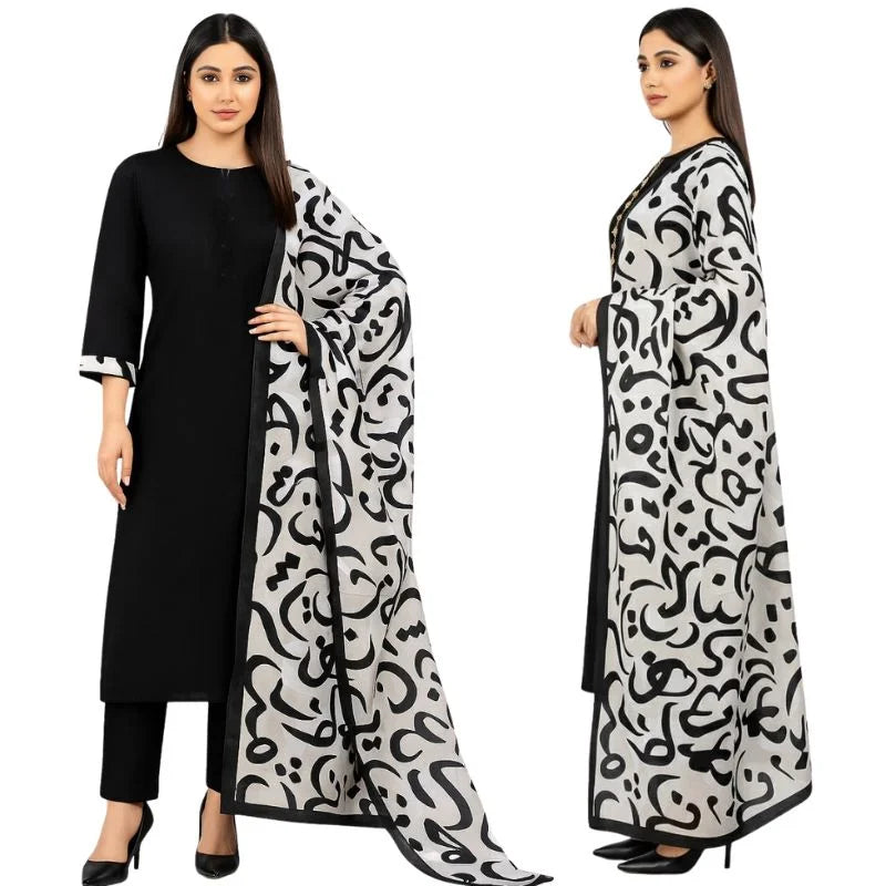 Katan Silk 3-Piece Suit for Women | Unstitched Plain Shirt & Trouser with Heavy Winter Silk Shawl - Livine Store