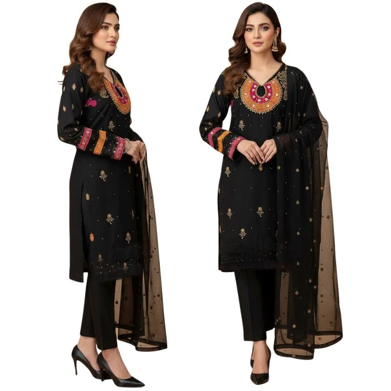 Organza 3-Piece Suit for Women | Unstitched  Handmade Aari Zari & Beads Work - Livine Store
