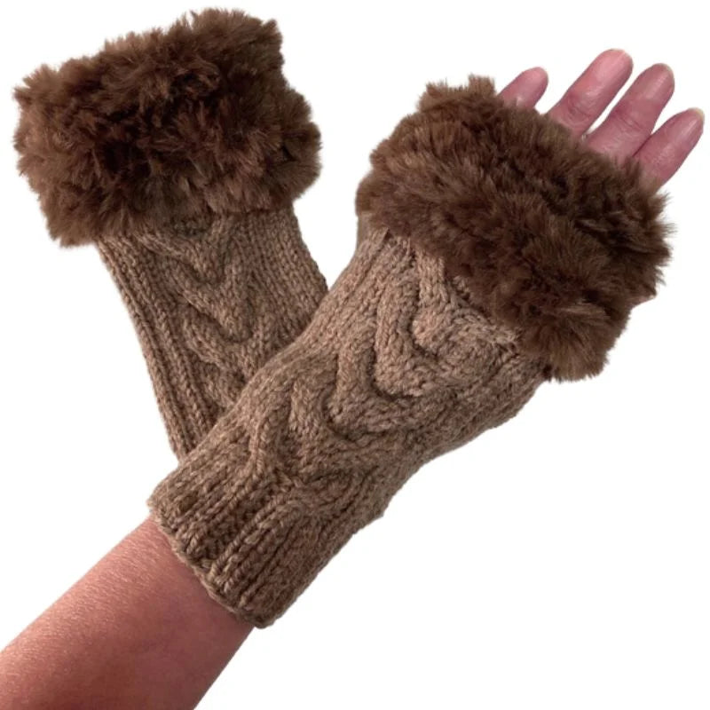 Women’s Faux Fur Fingerless Knitted Gloves | Warm Winter Hand Wrist Warmers | Soft, Stylish & Comfortable | Brown - Livine Store