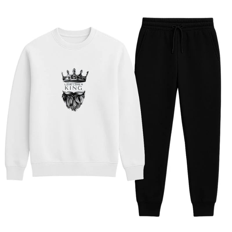 KING Printed White Tracksuit Sweatshirt & Trouser | Warm & Comfortable Winter Wear | Large - Livine Store