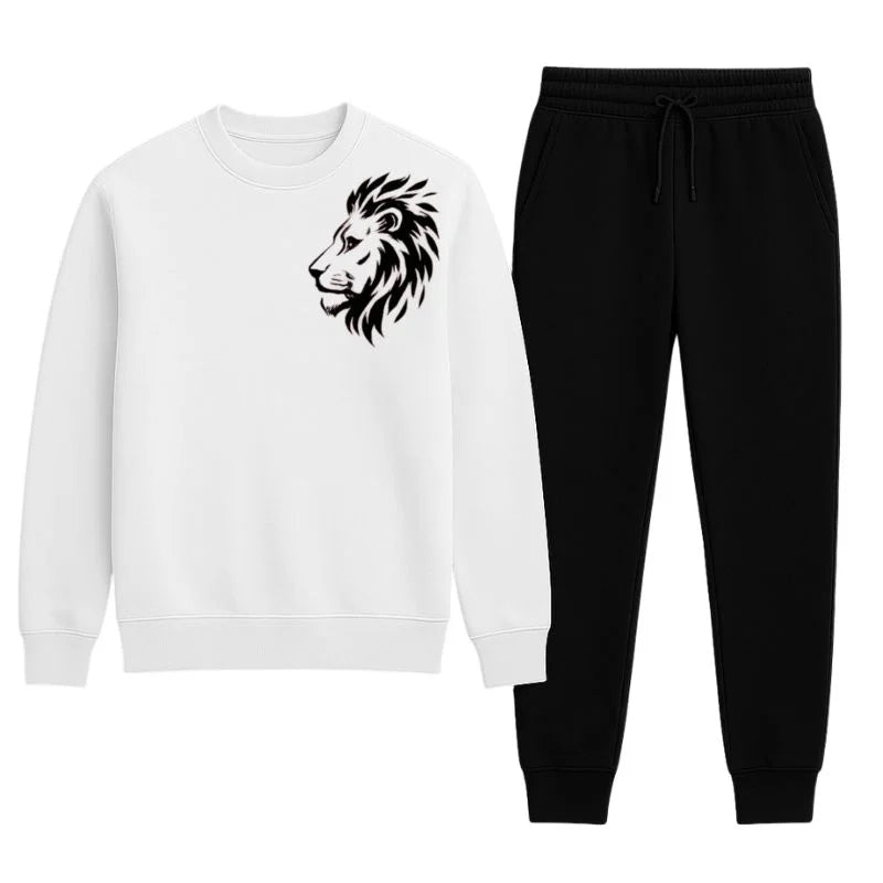 LION Printed White Tracksuit Sweatshirt & Trouser  | Warm & Comfortable Winter Wear | Large - Livine Store