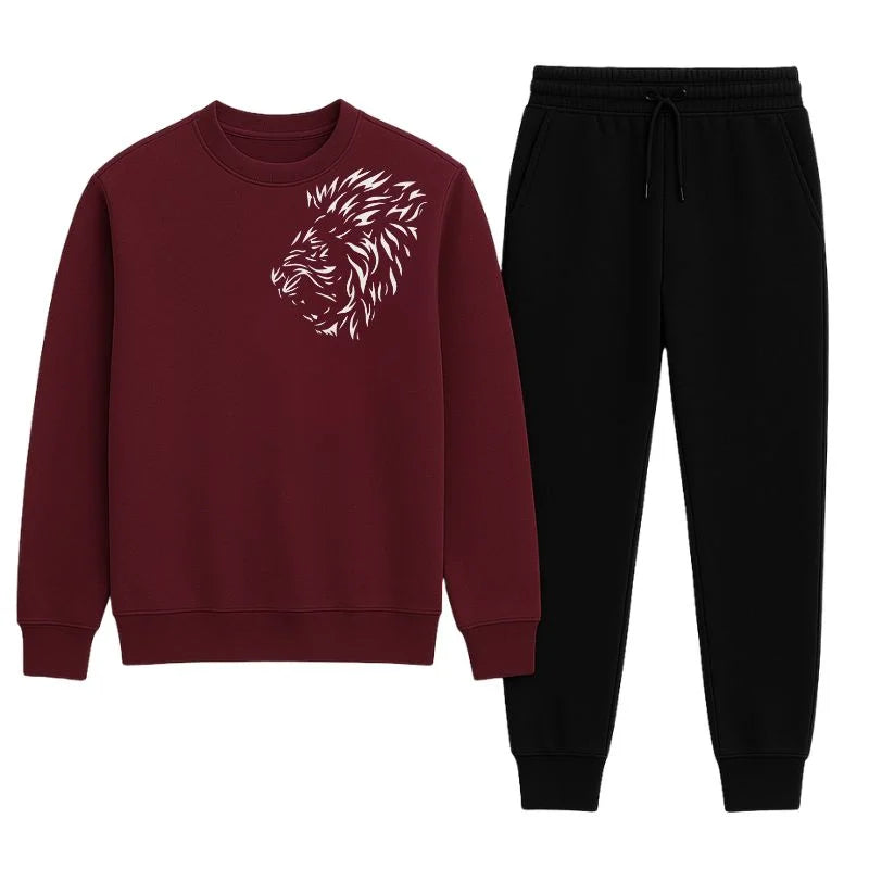 LION Printed Maroon  Tracksuit Sweatshirt & Trouser  | Warm & Comfortable Winter Wear | Large - Livine Store