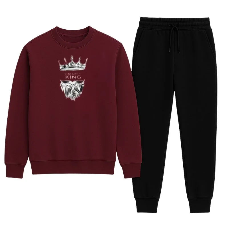 KING Printed Maroon Tracksuit Sweatshirt & Trouser | Warm & Comfortable Winter Wear | Medium - Livine Store