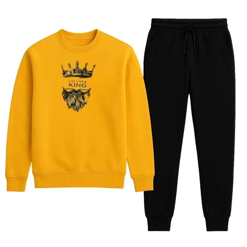 KING Printed Yellow Tracksuit Sweatshirt & Trouser | Warm & Comfortable Winter Wear | Large - Livine Store