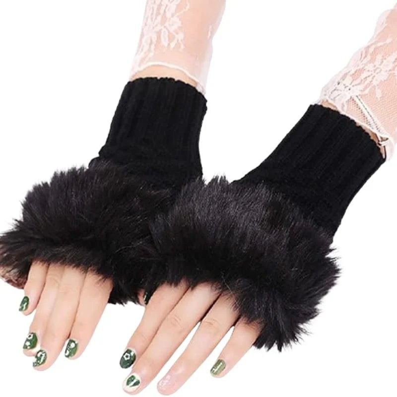 Women’s Faux Fur Fingerless Knitted Gloves | Warm Winter Hand Wrist Warmers | Soft, Stylish & Comfortable | Black - Livine Store