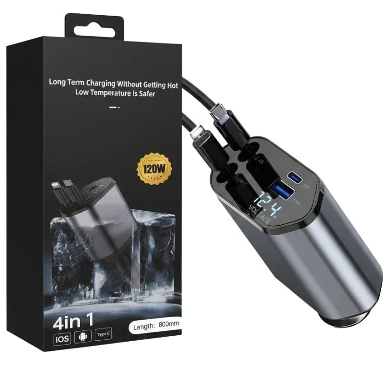 4-in-1 Retractable Car Charger | Dual USB & USB-C PD Fast Charging, 100W - Livine Store