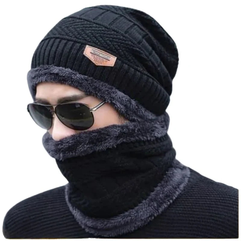 Winter Wool Cap with Neck Warmer Set | Thermal Beanie & Scarf Combo for Men and Women | Black And Gray - Livine Store