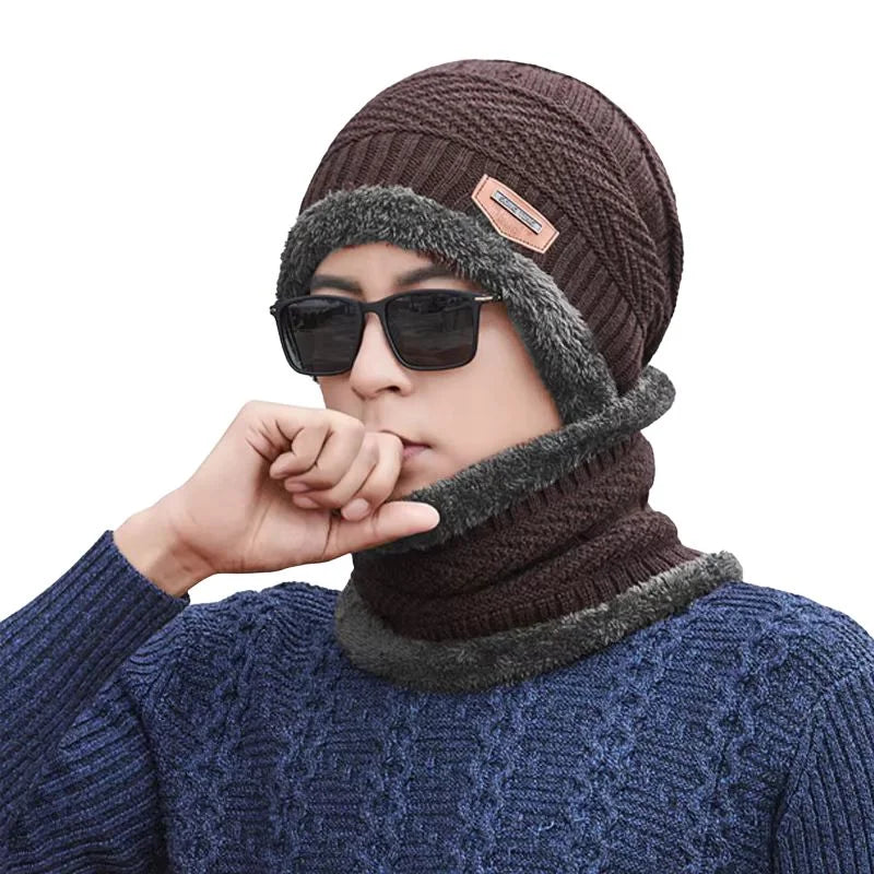 Winter Wool Cap with Neck Warmer Set | Thermal Beanie & Scarf Combo for Men and Women | Brown And Gray - Livine Store