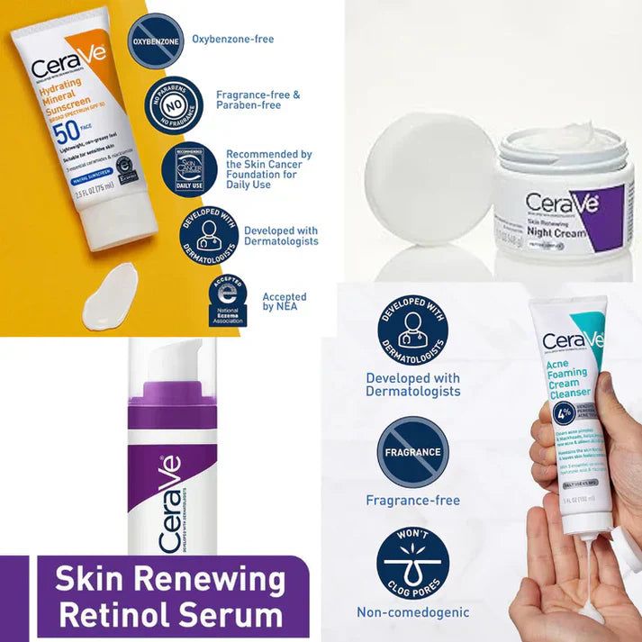 CeraVe 4-in-1 Skincare Kit | Cleanser, Serum, Sunblock & Night Cream | Dermatologist-Approved Routine - Livine Store