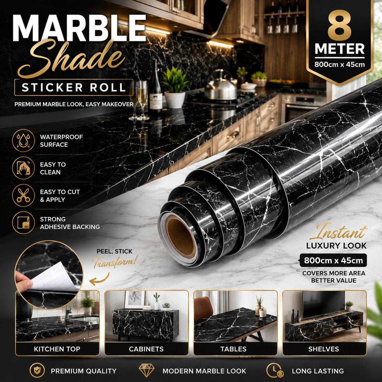 Marble Sheet Sticker 800cm by 45cm 🔥 8 Meter Big Size Marble Shades Sticker Roll (Black and White Both available)