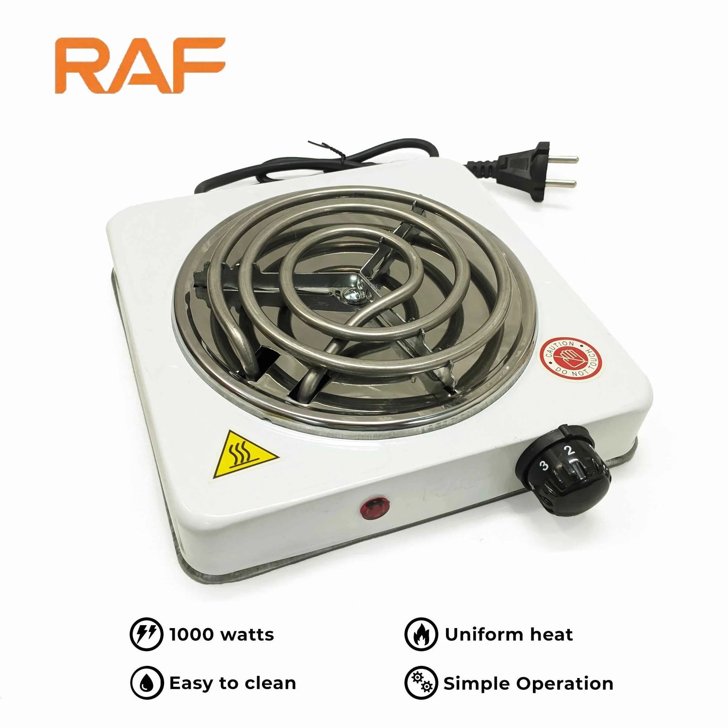 White RAF R.8010B Electric Stove Hot Plate and Cooker with 1000W Power, Thermostat, and Uniform Heating - Livine Store